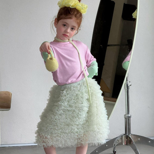 女童T恤浅绿色蛋糕裙公主裙春季韩系女宝宝网纱半身裙仙女裙洋气