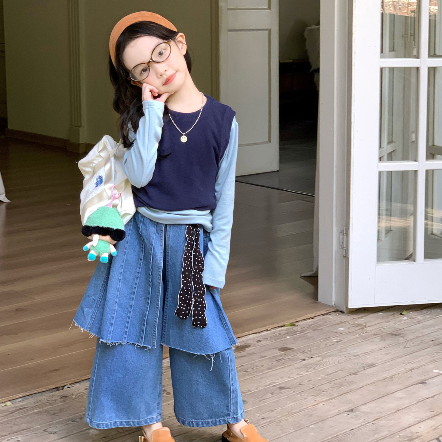 女童套装2025秋季背心打底衫牛仔裙裤三件套儿童早秋洋气时髦秋装