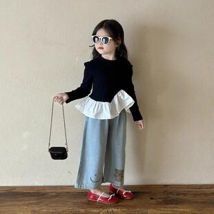 韩版童装2026春季款女童套装儿童洋气时髦拼接长袖上衣卡通牛仔裤