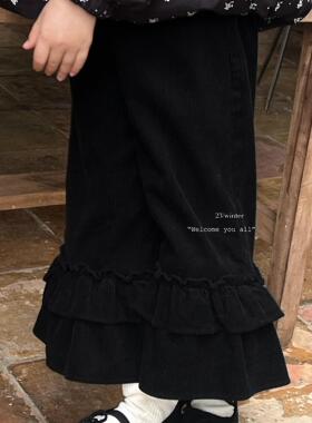 2023冬季新款儿童条绒加绒休闲裤女童花边阔腿裤女童黑色复古裤