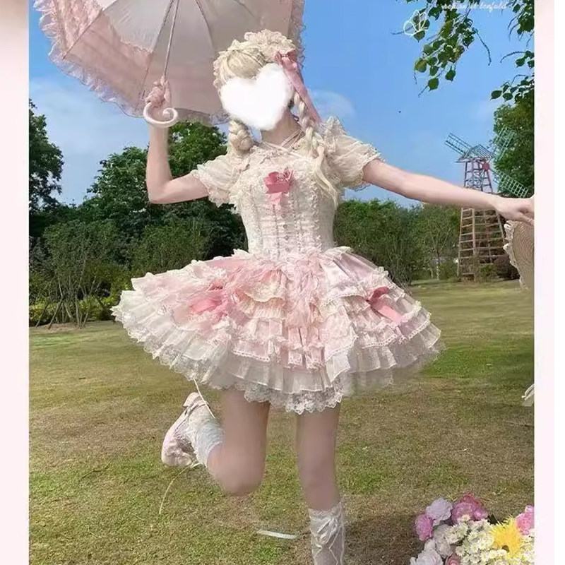 FTXW粉色蕾丝蝴蝶结吊带Lolita洋装毛绒斗篷裙撑甜系洛丽塔全套