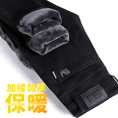 黑色加绒加厚保暖牛仔裤男士2025冬季修身直筒弹力商务休闲长裤子