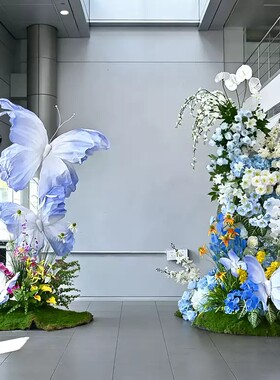 仿真花场景布置牛角蝴蝶造景插花蓝色系高级氛围摆件交车仪式路引
