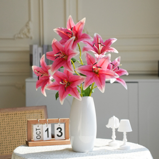 手感百合仿真花束轻奢高档单枝客厅电视柜餐桌装 饰品摆设花艺布置