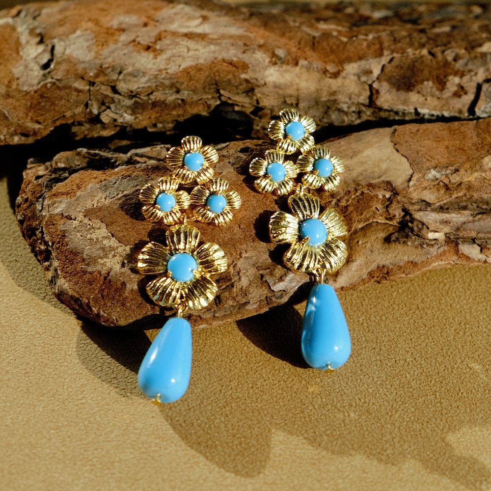 《水泽宁芙》复古夸张水波蓝花朵吊坠耳饰 春夏度假浪漫优雅耳夹