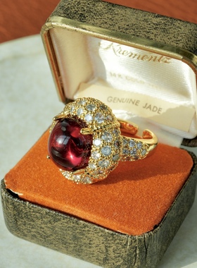 古董线《美第奇家族》重工1985s梵克@宝酒红琉璃戒指华丽法式宫廷