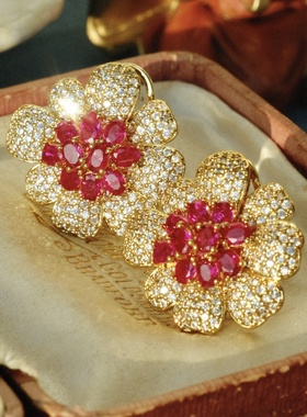 古董线《红宝海棠》法国1980s重工珠宝感花朵耳饰复古奢华耳夹