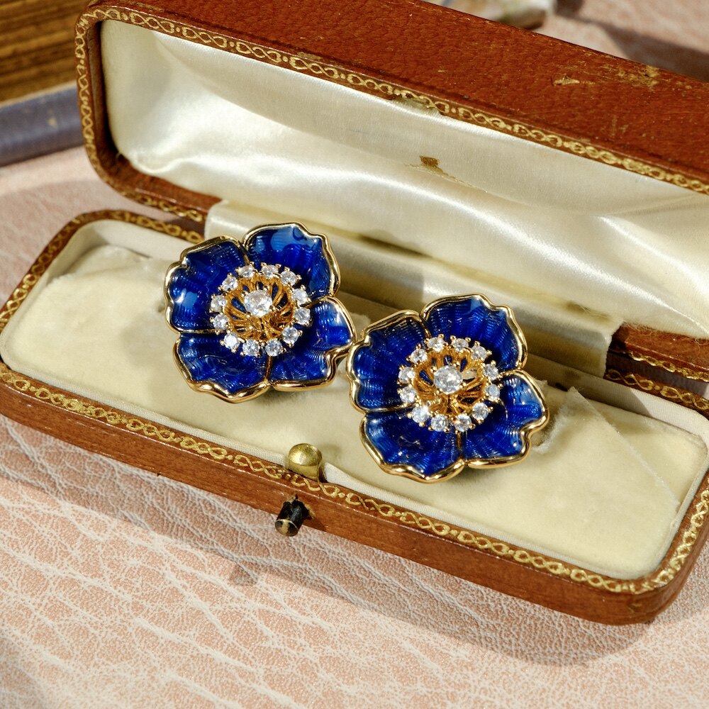 轻珠宝线《穹蓝庭》宝S龙手作蓝色珐琅耳饰镶钻立体花朵轻奢耳夹