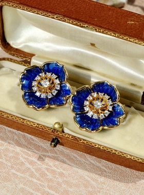 轻珠宝线《穹蓝庭》宝S龙手作蓝色珐琅耳饰镶钻立体花朵轻奢耳夹