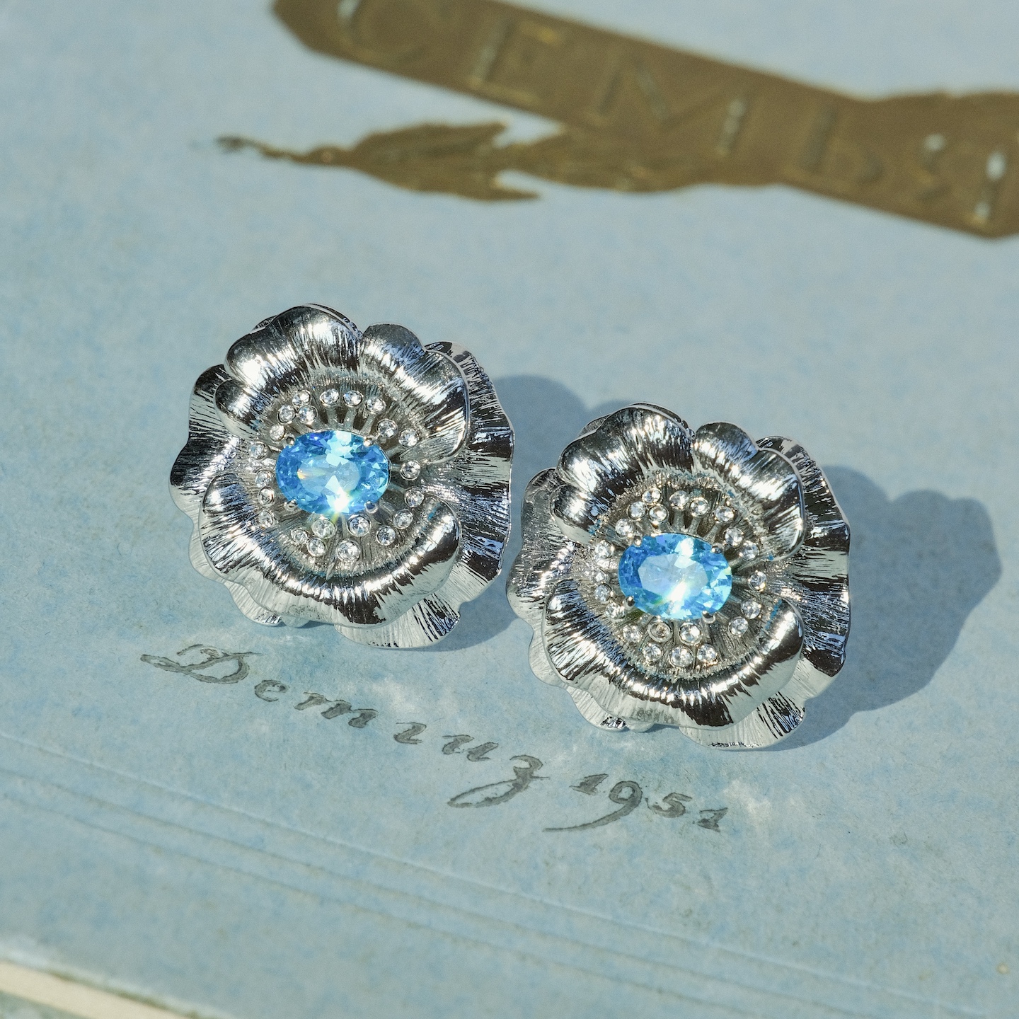 古董线《银汐蔷薇》vintage拉丝手作花朵耳饰 复古艺术感耳钉耳夹