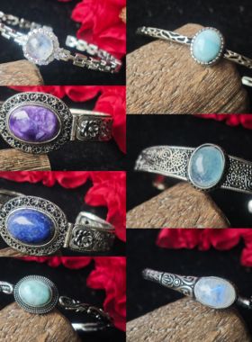 天然石镶嵌复古半银做旧手镯紫龙晶海蓝宝月光石青金海纹石手镯