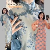 旗袍原创新中式 秋冬双襟倒大袖 民国风小个子女裙子 中华玫瑰图