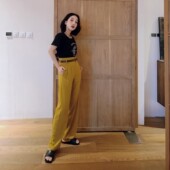 裤 黑色裤 时尚 高腰西装 流行巴黎裤 宽松休闲长裤 子女显瘦西裤 赠腰带