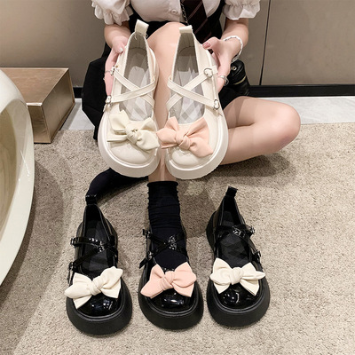 黑色小皮鞋女浅口英伦时尚单鞋2025新款松糕厚底圆头单鞋蝴蝶结潮