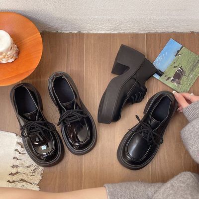 2025春秋季新款时尚系带圆头玛丽珍小皮鞋女日系厚底增高粗跟单鞋