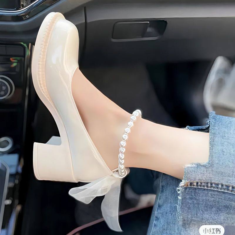 2025春夏季新款玛丽珍鞋女珍珠蝴蝶结粗跟高跟仙女风学生JK小皮鞋