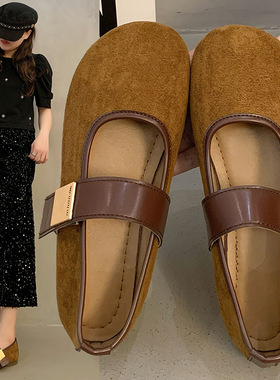 复古绒面玛丽珍鞋女2025春季新款浅口一字带平底单鞋配裙子奶奶鞋