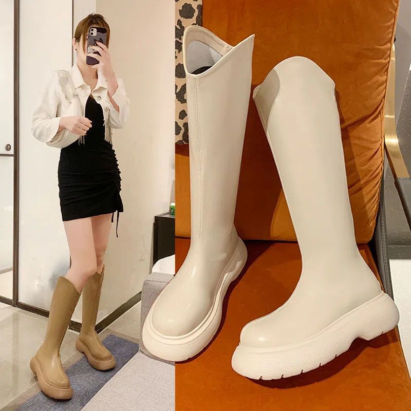 2025秋冬季新款时尚中筒骑士靴厚底高筒英伦风马丁白色长筒靴子女