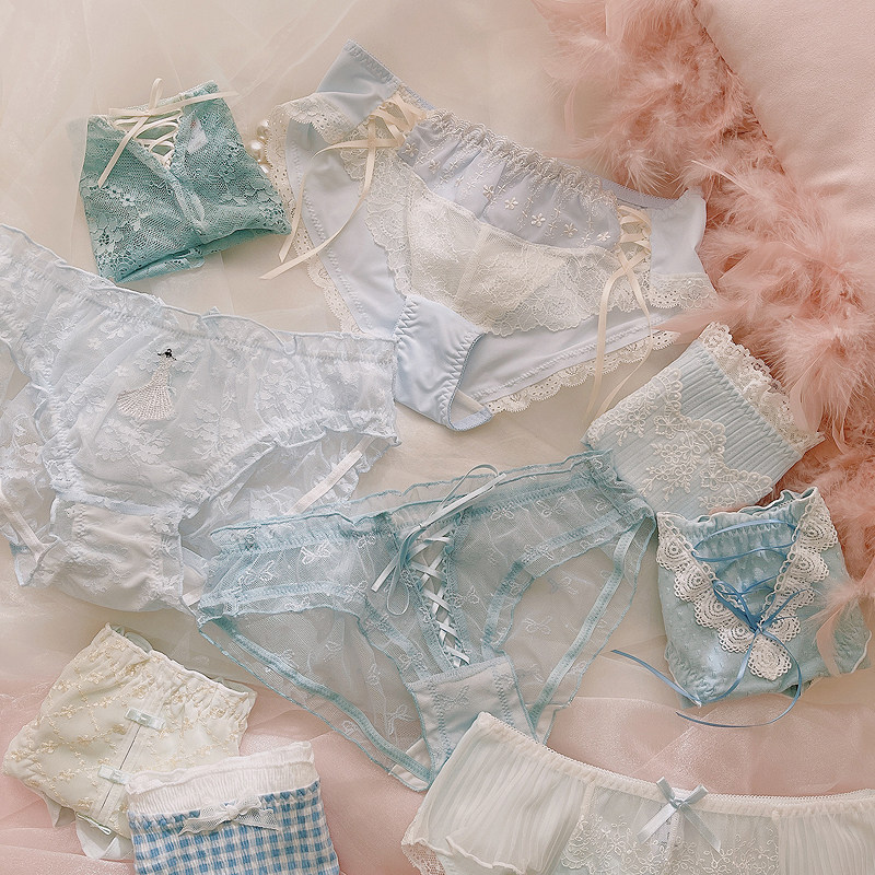 薄荷奶霜~柔软蕾丝甜美刺绣内裤纯欲蓝色仙女丝带蝴蝶结三角裤