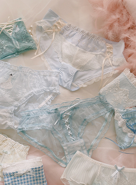 薄荷奶霜~柔软蕾丝甜美刺绣内裤纯欲蓝色仙女丝带蝴蝶结三角裤