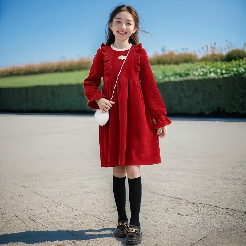童装连衣裙2025秋冬新款洋气新年公主裙大红色女童连衣裙