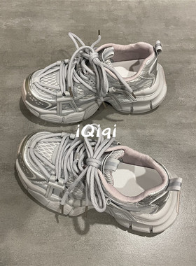 七七主人家老爹鞋女银色复古港风运动鞋女2025夏季透气网面鞋子女