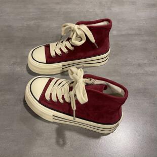 七七主人家 高帮酒红色帆布鞋女2024新款原创小众翻毛皮休闲板鞋