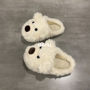 七七主人家 小熊毛绒棉拖鞋女2025新款可爱居家毛毛鞋女冬季保暖