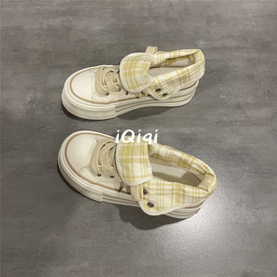 七七主人家 米色百搭鞋子女鞋2025秋季新款巨好看的高帮帆布鞋女