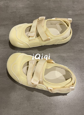 七七主人家奶黄色夏季镂空透气凉鞋女百搭玛丽珍鞋鞋子女浅口单鞋