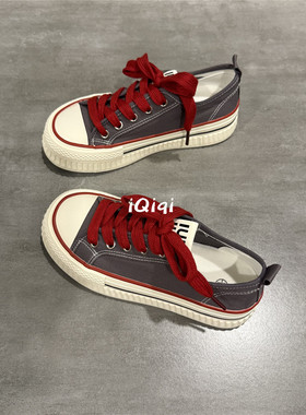 七七主人家 灰色复古帆布鞋女学生休闲鞋子女秋季厚底板鞋女鞋ins