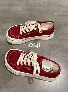 七七主人家 鞋子女2023新款大红色帆布鞋女鞋复古丑萌大头板鞋