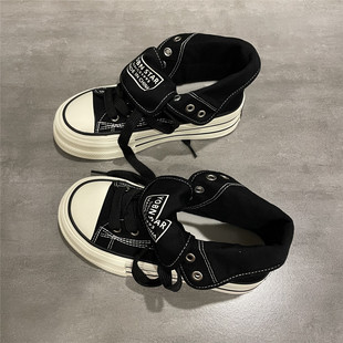 七七主人家 高帮帆布鞋女黑色鞋子女2025秋季新款学生板鞋女百搭