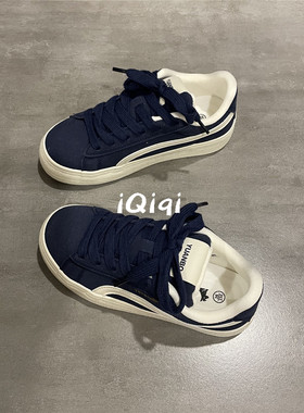 七七主人家 深蓝色鞋子女翻毛皮板鞋女2025秋季新款学生女鞋百搭