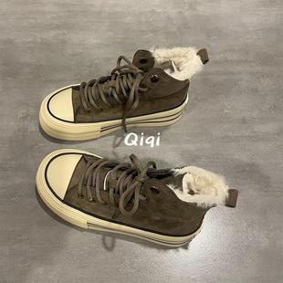 七七主人家 鞋子女冬季加绒棉鞋厚底高帮帆布鞋女翻毛皮保暖板鞋