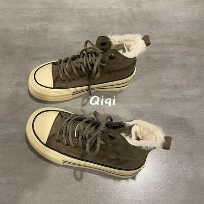 七七主人家 鞋子女冬季加绒棉鞋厚底高帮帆布鞋女翻毛皮保暖板鞋