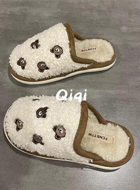 七七主人家 可爱卡通小熊棉拖鞋女加绒保暖棉鞋女无跟复古毛毛鞋