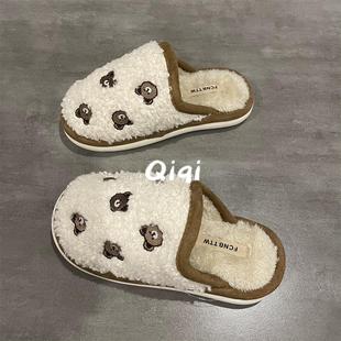 女无跟复古毛毛鞋 女加绒保暖棉鞋 可爱卡通小熊棉拖鞋 七七主人家