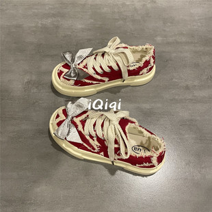 七七主人家 大红色流苏帆布鞋女款2025新款巨好看学生百搭板鞋女