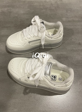 七七主人家 灰色原创设计板鞋女2026春季新款韩版女鞋增高休闲鞋