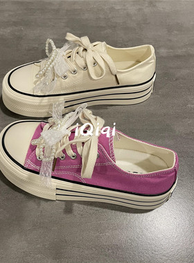 七七主人家 白色帆布鞋女2025春夏季新款小白鞋女配裙子今年流行