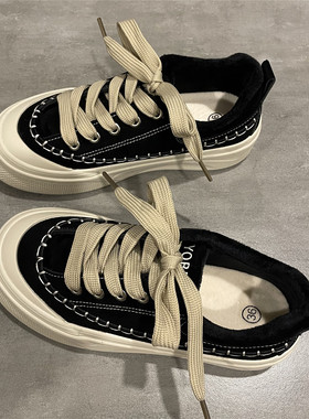 七七主人家 黑色鞋子女加绒保暖二棉鞋女简约百搭休闲德训鞋板鞋