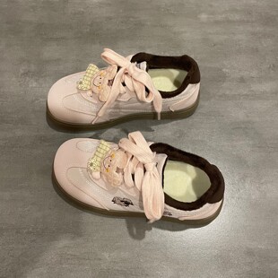 七七主人家 温柔少女粉色加绒阿甘德训鞋女平底板鞋冬季保暖棉鞋