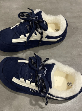 七七主人家 深蓝色原创小众德训鞋子女秋冬季加绒棉鞋女保暖板鞋