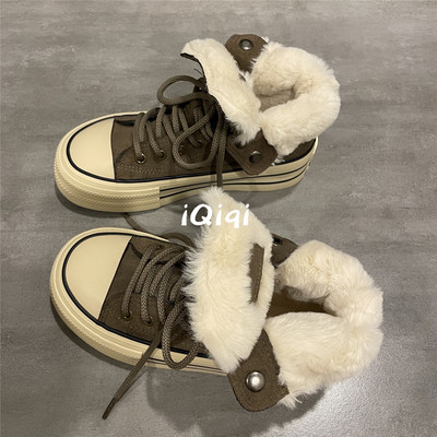鞋子女2025新款加绒高帮帆布鞋
