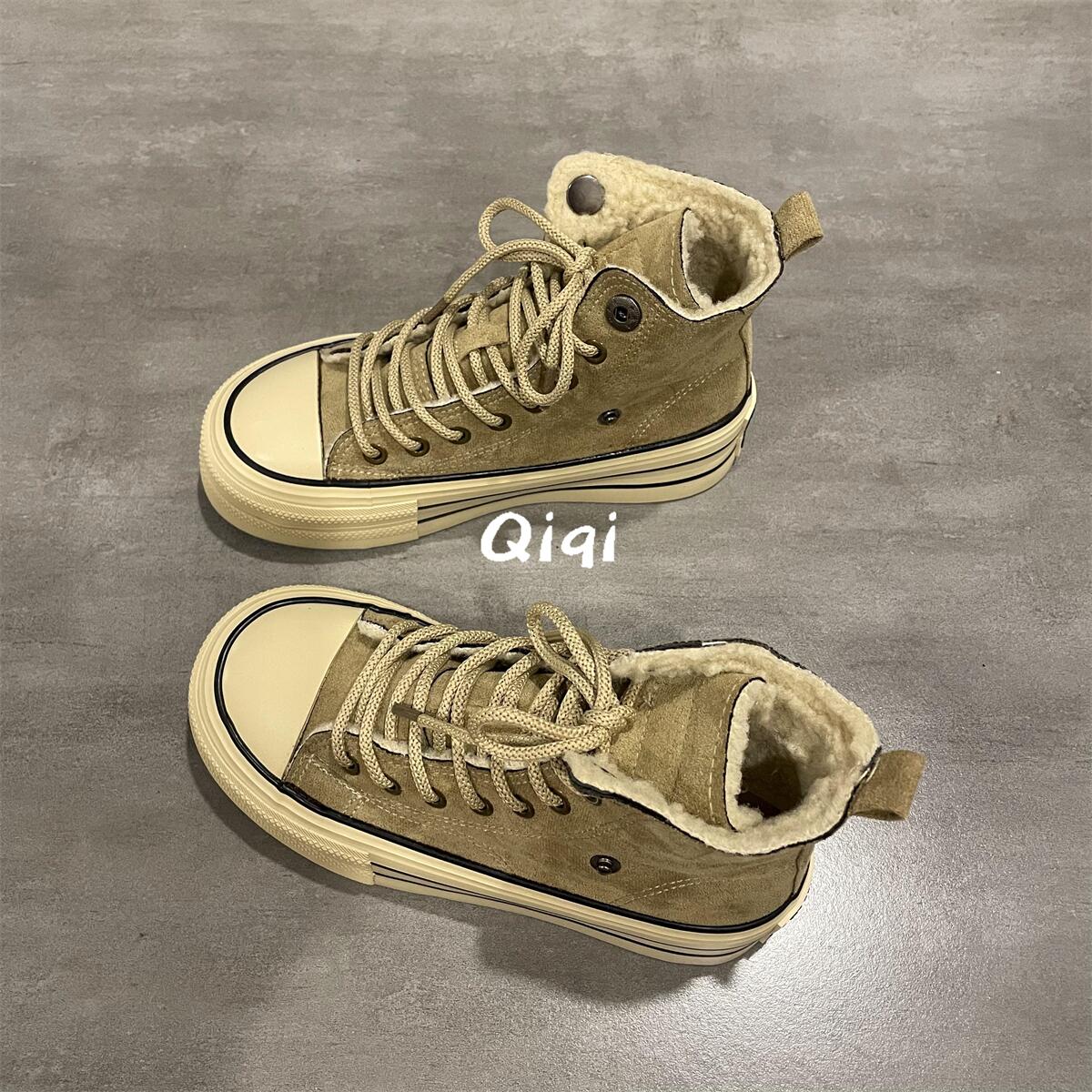 七七主人家鞋子女冬季加绒棉鞋女2023新款高帮帆布鞋保暖板鞋女鞋