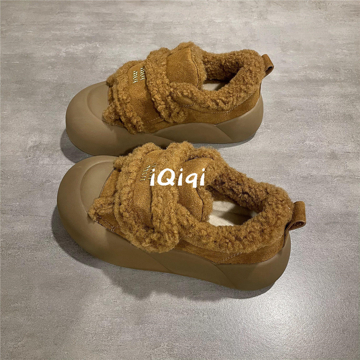 七七主人家 丑萌大头鞋加绒棉鞋2024冬季厚底魔术贴毛绒保暖板鞋