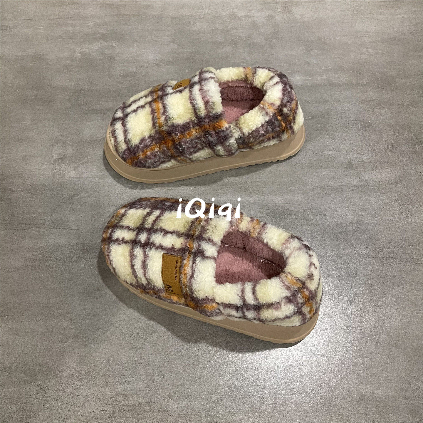 七七主人家 复古格子居家保暖棉拖鞋女厚底毛绒包跟加厚棉鞋女鞋