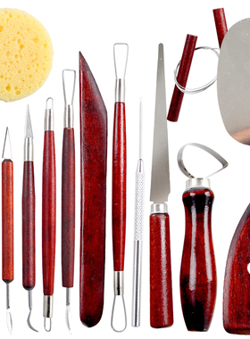 跨境陶艺工具15件套红色木杆双头镭丝刀泥塑雕刻造型粘土工具套装