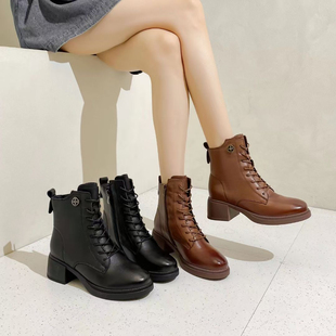 冰洁女鞋2024冬季新款马丁靴真皮中跟粗跟圆头加绒棉靴侧拉链短靴